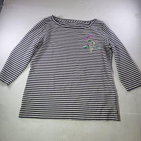 Talbots Petite Black Striped Embroidered Floral Cotton 3/4 Sleeve Top Size M - Picture 1 of 8